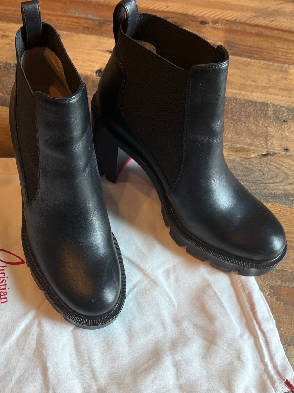 Christian Louboutin Black Leather Chelsea Block-Heel Ankle Boots